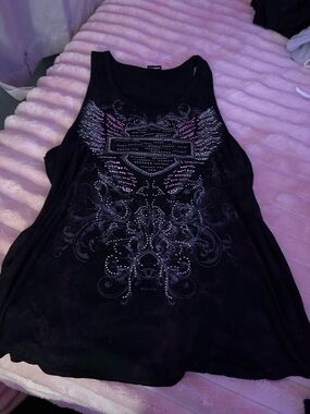 Harley-Davidson Black Tank Top with Pink and Silver Rhinestone Wings